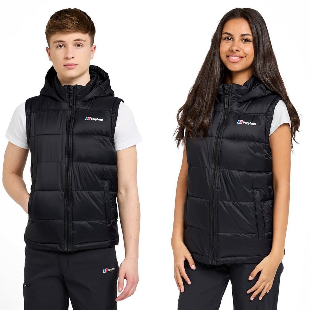 Berghaus Boys Black Kid’s Burham Gilet With Hood & 2 Pockets, Water-Resistant & Durable Ripstop Fabric, Lightweight & Insulated Bodywarmer For & Girls (Uk, Age, 13 Years, Regular, )