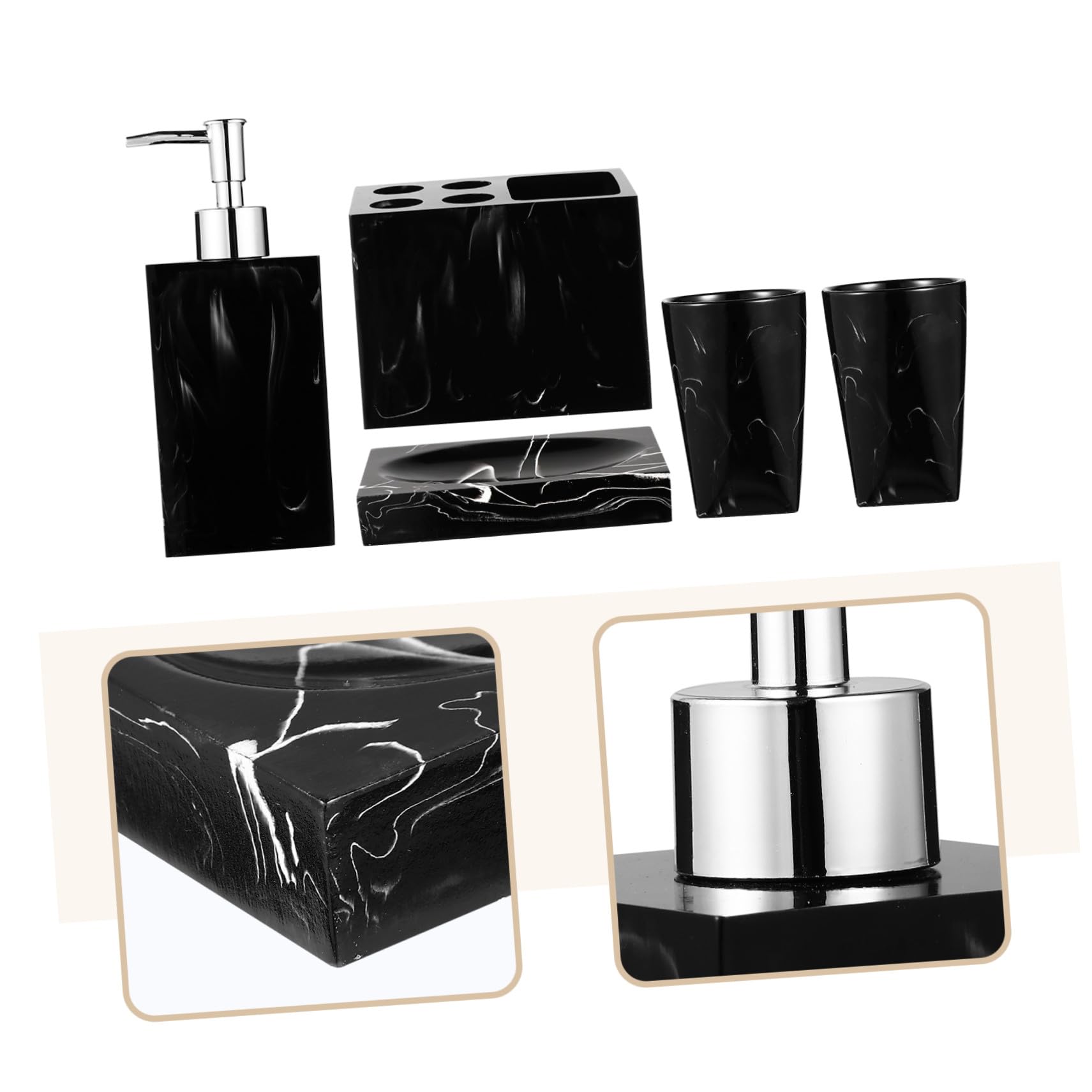 Cabilock Conjunto de Accesorios de Baño de Resina Negra Jaspeada de 5 Piezas Soporte para Cepillos de Dientes y Jabonera Práctico y Cómodo para Baño Moderno