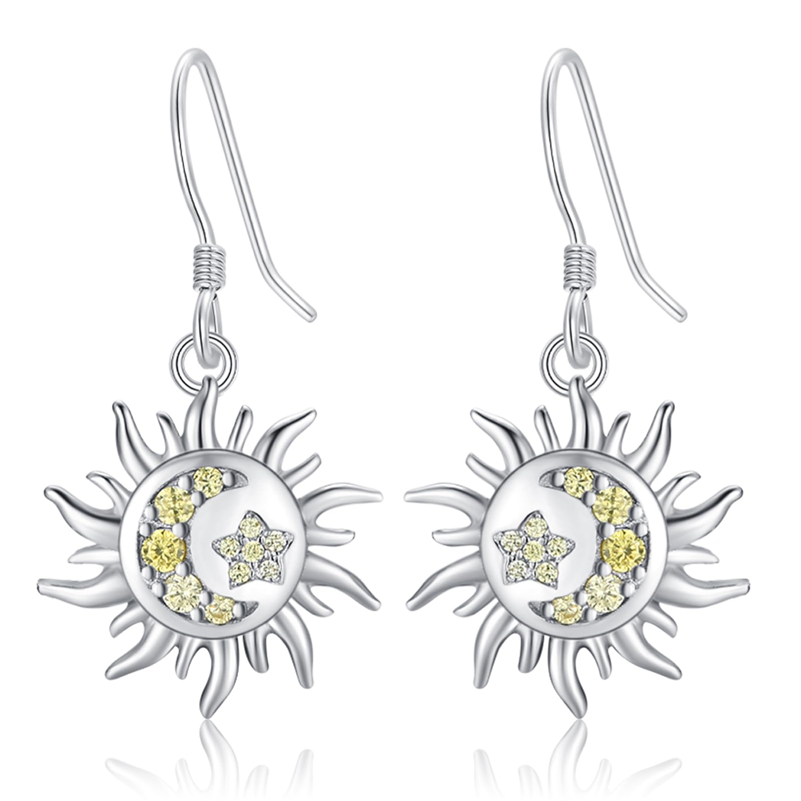 Sun Moon Earrings, S925 Sterling Silver Hypoallergenic Sunburst Crescent Dangle Earring Jewelry for Women Best Friend for Couples Women