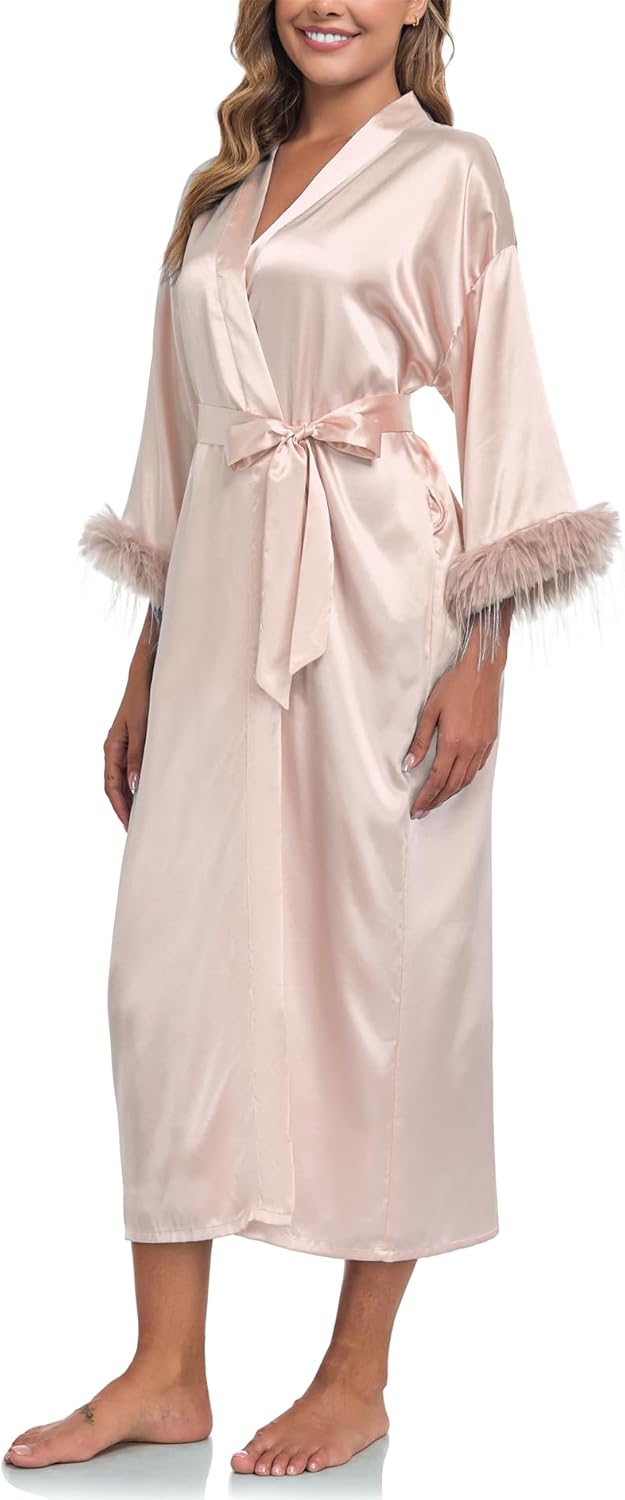 Women Satin Kimono Robe Silky Bride Bridesmaid Robes Wedding Party Sleepwear Soft Bathrobe with Ostrich Feather Trim - Image 4