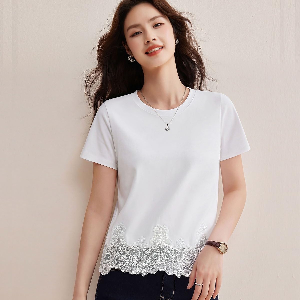 Top da donna girocollo in pizzo patchwork a maniche corte allentato