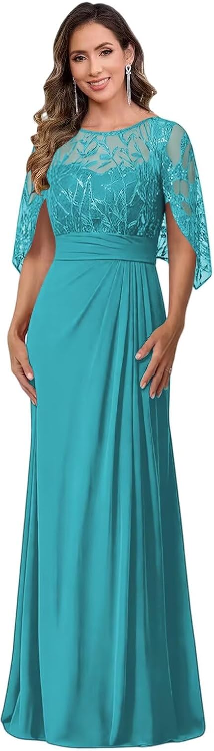 Elegant Mother of The Bride Dress Chiffon Lace Applique Sleeves Ruched Waist Formal Evening Gown