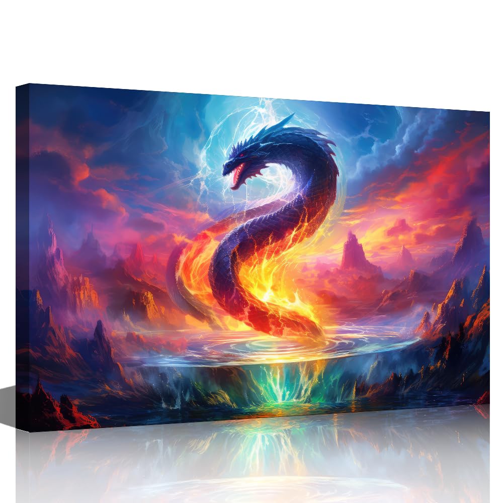 TISHIRON Dragon in a Deep Pool Wall Art Color Oil Painting Canvas Wall Art Print Paintings Modern Artwork for Living Room Wall Decor and Home Décor Framed Ready to Hang 24x36in