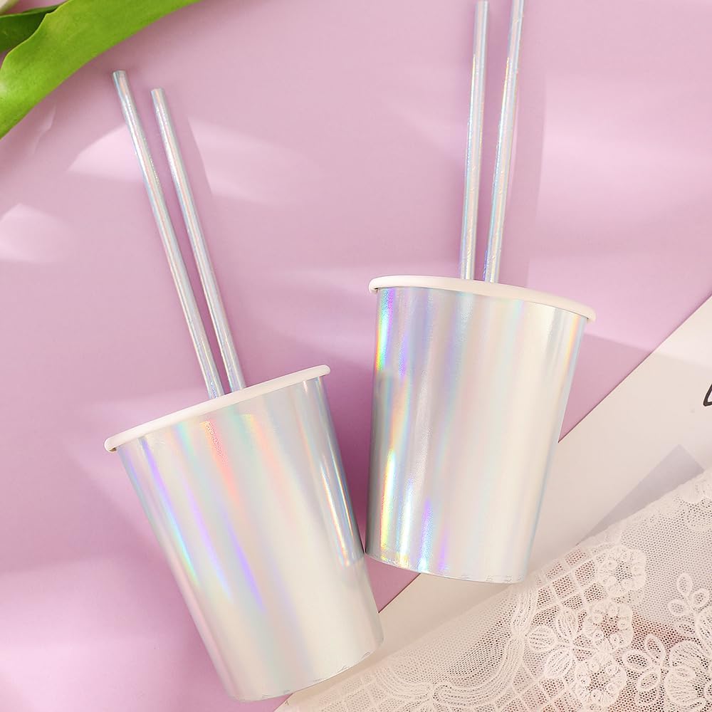 Iridescent Party Supplies, 200 Pcs Disposable Iridescent Paper Party Plates, Holographic Plates and Napkins Set, Rainbow Disposable Cups Knives Spoons Fork Straw for Birthday Wedding Party Serve 25 - Image 4