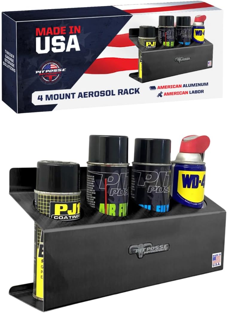 Pit Posse 303BK Four Bottle Aerosol Spray Can Rack Shelf Holder 15.5" Caddy - Made in USA - Aluminum Enclosed Trailer Shop Garage Storage Organizer - Mounting Hardware Included (Black)