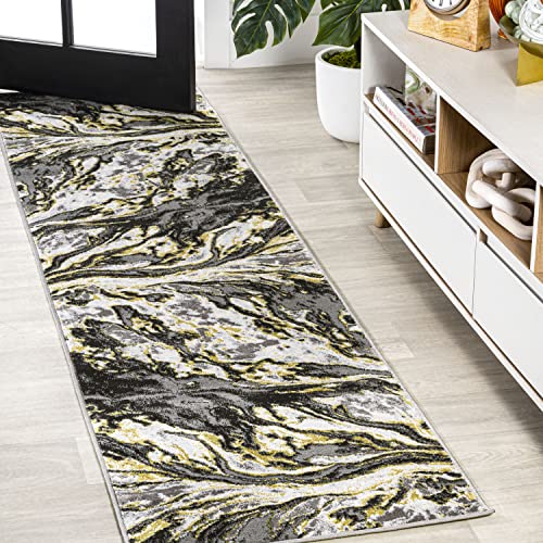 JONATHAN Y Swirl Marbled Black/Yellow Runner Rug 2X8 ft, Abstract