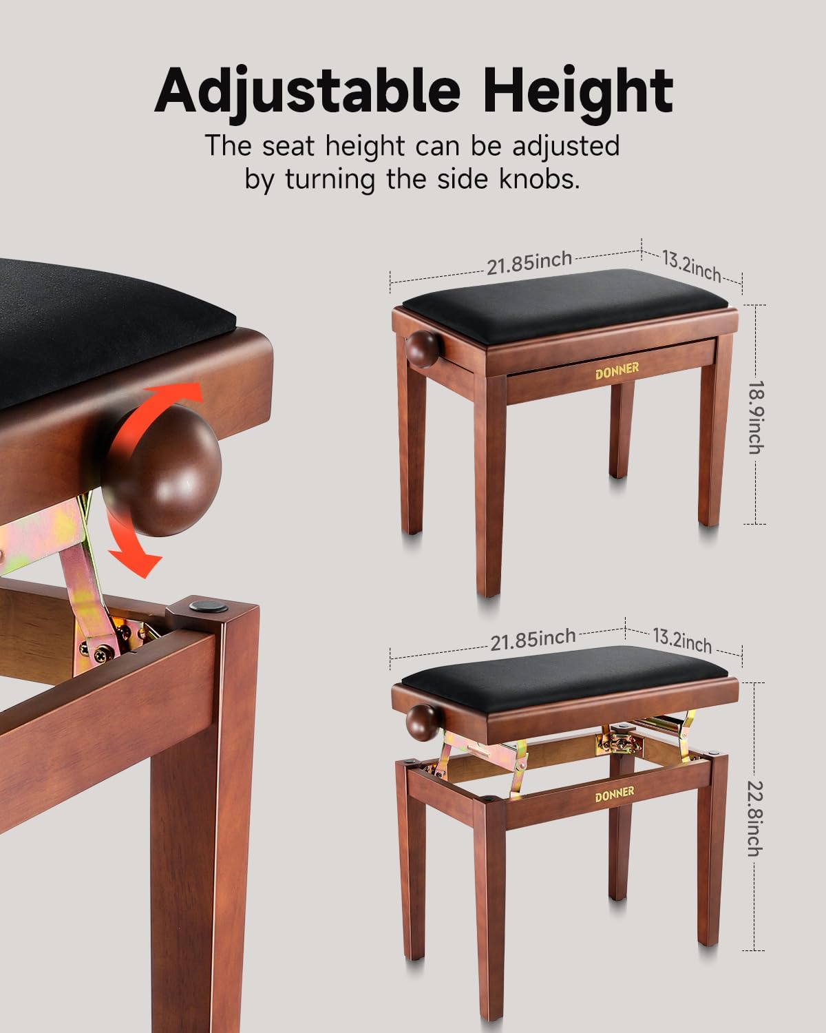 Image of the Donner piano bench with '400lb' text, emphasizing its weight capacity and solid wood construction.