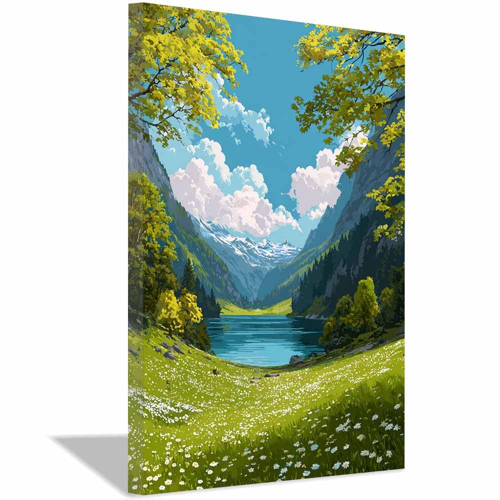 HOQIU Vintage wall art Mountainse Lake DaisiesMeadow decorative painting, wall art, for Living Room Bathroom Bedroom Kitchen Decoration.(Multicolor)-30x40cm Framed