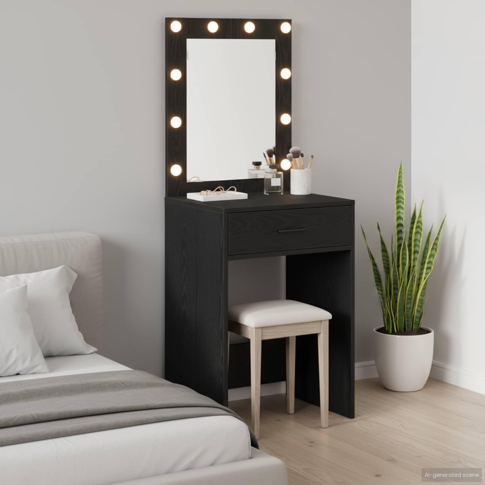 Schminktisch Schwarz Eichen-Optik mit LED-Spiegel, 50 x 41 x 135 cm, Holzwerkstoff, 2 Schubladen, Makeup Spiegel mit Beleuchtung, Stauraum Möbel für Schlafzimmer und Ankleidezimmer