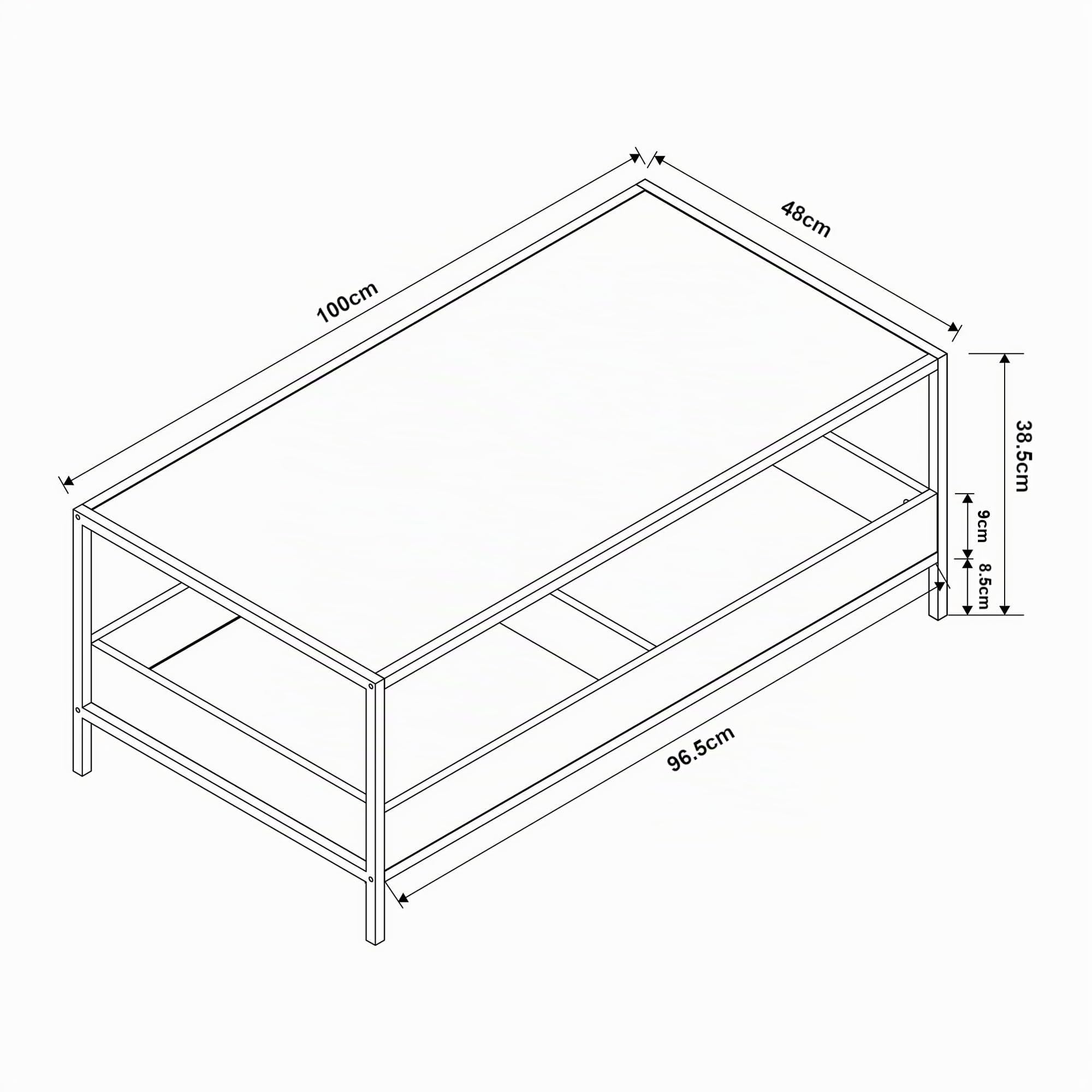 [en.casa] Couchtisch Belana Wohnzimmertisch 100 x 48 x 39 cm Sofatisch mit 2 Ablagefächern rechteckig Kaffeetisch Metallgestell Schwarz/Eicheoptik