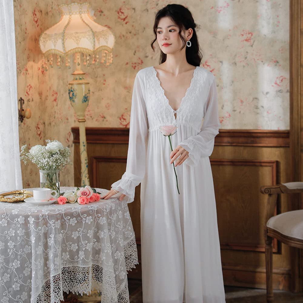 Nachthemd Damen Sexy,Damen-Nachthemden, Weißes V-Ausschnitt, Florales Spitzennetz, Elegantes Schlafhemd, Weiches, Bequemes, Langärmliges Nachthemd, Nachtwäsche, Loungewear Für Damen, Mädchen, P