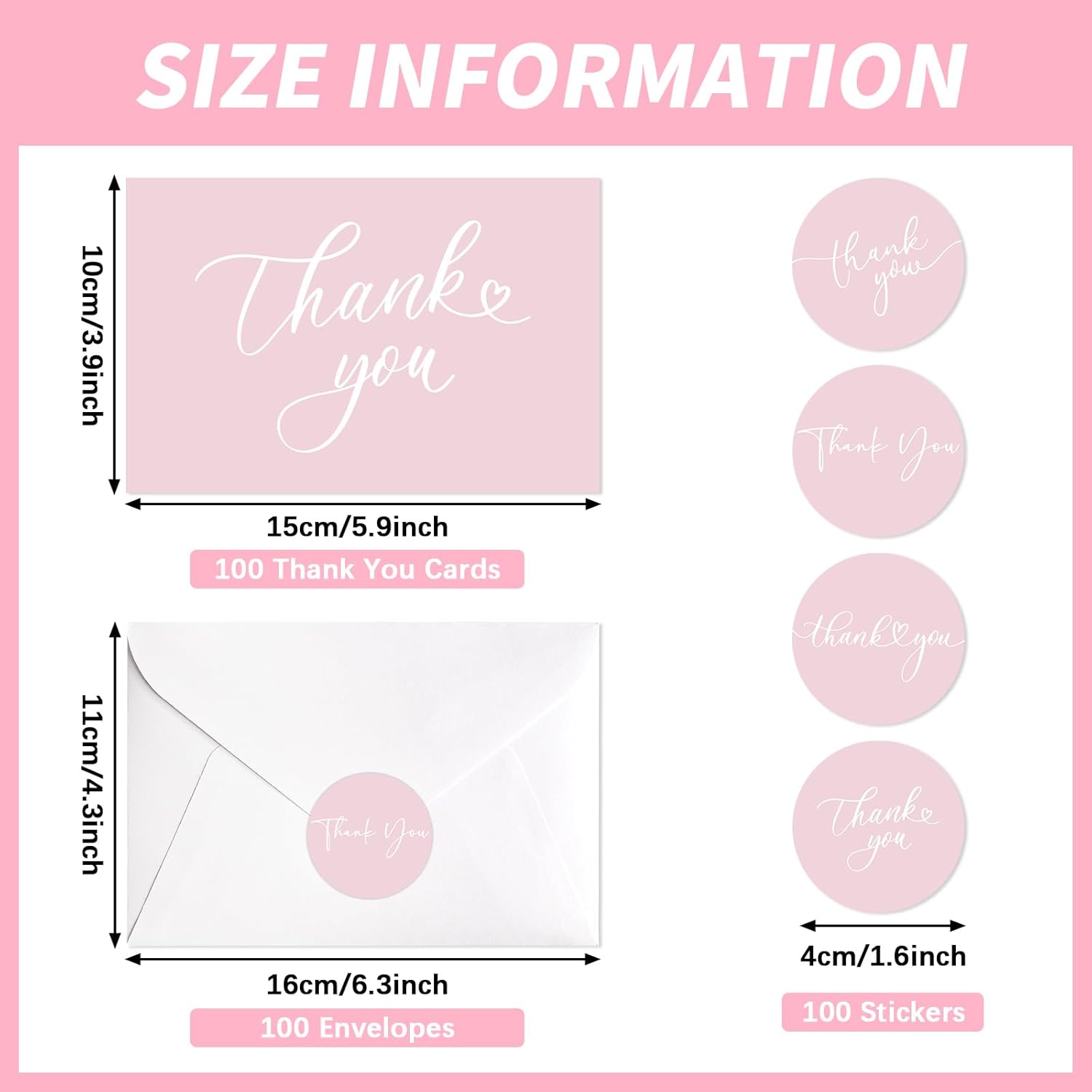 100 Pack Thank You Cards with Envelopes and Stickers 6x8 Inches Thank You Notes Minimalistic Elegant Blank Cards for Wedding Bridal Baby Shower Birthday Holiday Small Business Supplies (Pink)