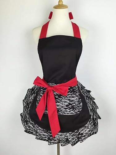 Miniatura 4 de Hyzrz Bonito delantal de encaje coqueto con bolsillo, divertido delantal retro sexy de cocina para mujeres y niñas (negro)
