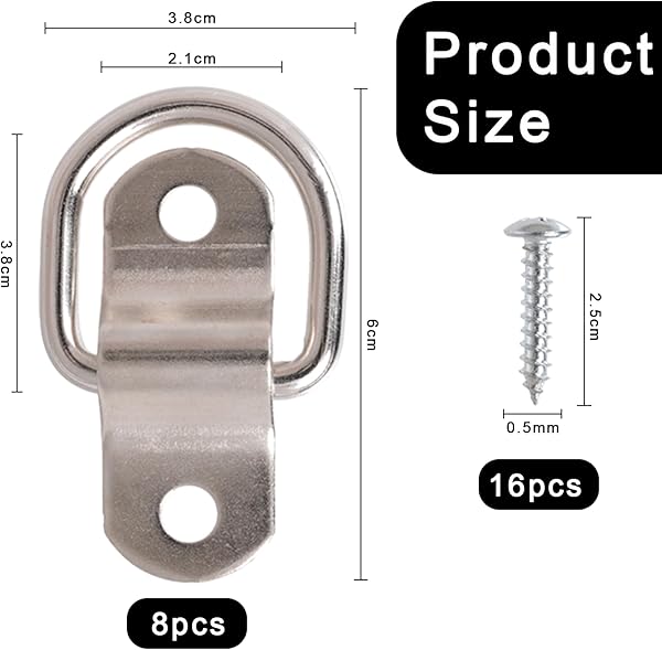 Lot de 8 anneaux en D, ensemble d'anneaux d'arrimage en acier inoxydable pour remorques avec vis, crochets d'arrimage à base de vis filetées pour camions, bateaux et sécurisation de chargement - 2