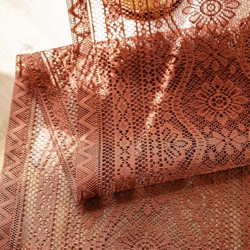 Image of MYSKY HOME Lace Boho French Door Curtains 72 inch Long 2 Panels Sheer Floral Curtains for Door Window Scalloped Doorway Sidelight Curtains Come with 2 Matching Tie-Backs, 26 inch W Each Panel, Terracotta