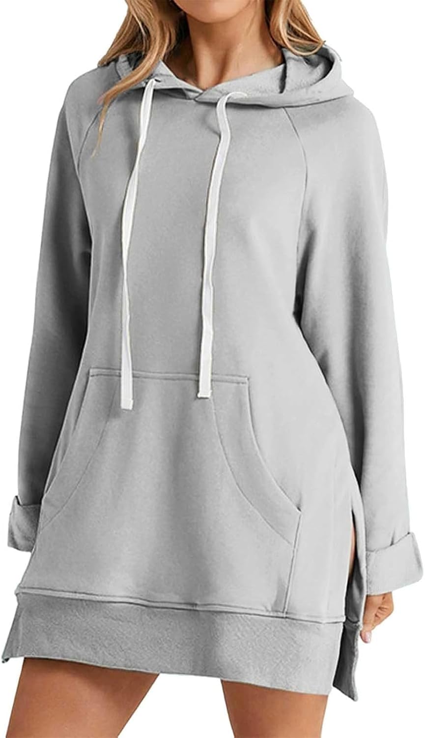 Oversized Hoodie Dress for Women Long Sleeve Pullover Split Hem Hooded Sweatshirt with Pocket Casual Fall Winter Outfit