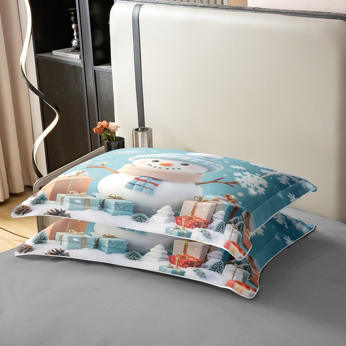 Castle Fairy Merry Christmas 100% Organic Cotton Comforter Cover (Not Comforter) Snowman Xmas Gift Xmas Tree Duvet Cover Set Queen Size for Bedroom Snowflakes Winter Bedding Set with 2 Pillowcases
