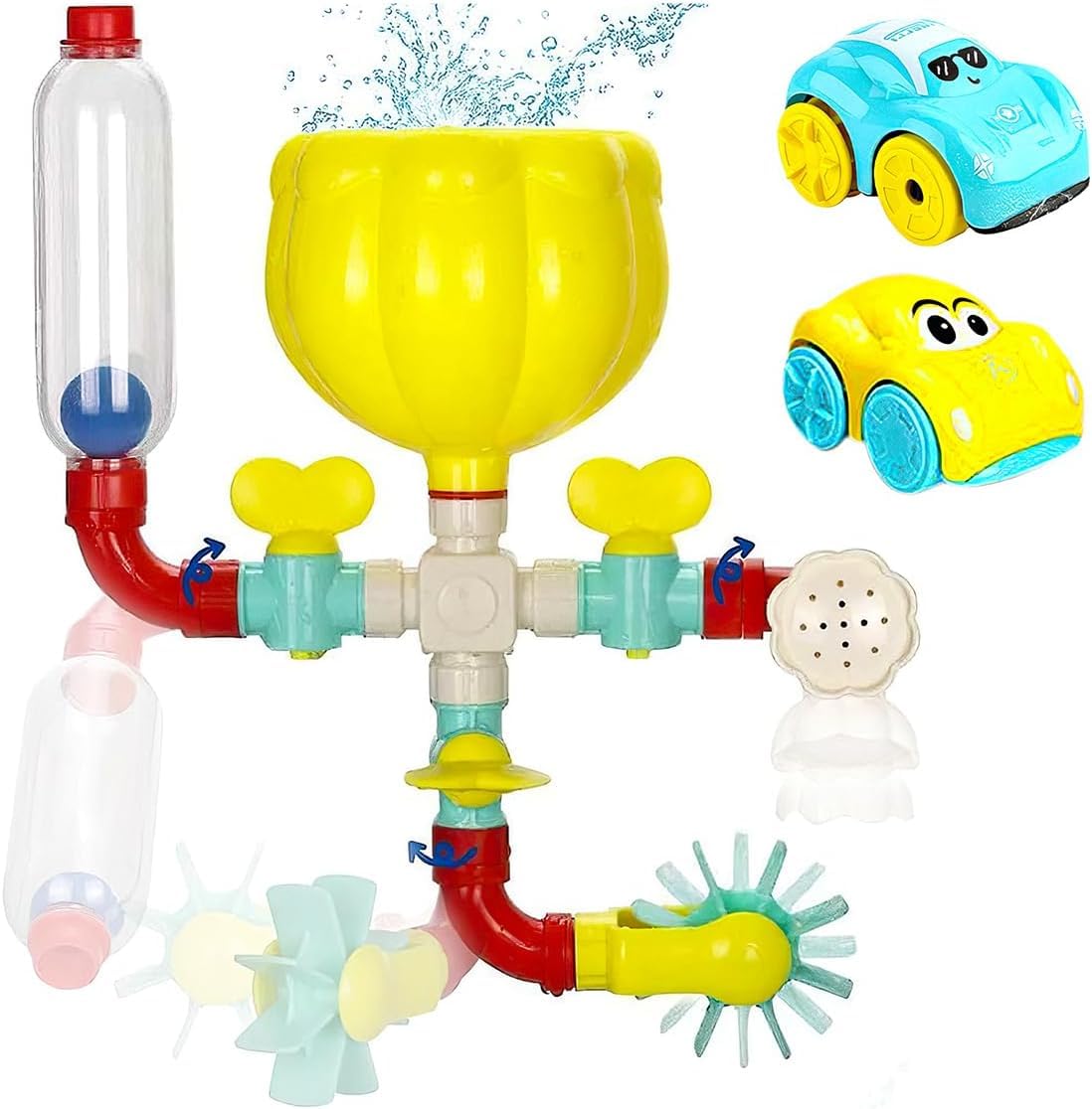Koolbitz 13PCS Bath Toys for Toddlers - Water Pipes Shower Game with 2-in-1 Wind-Up Floating Cars, Sensory Water Play Set for Baby Boys & Girls