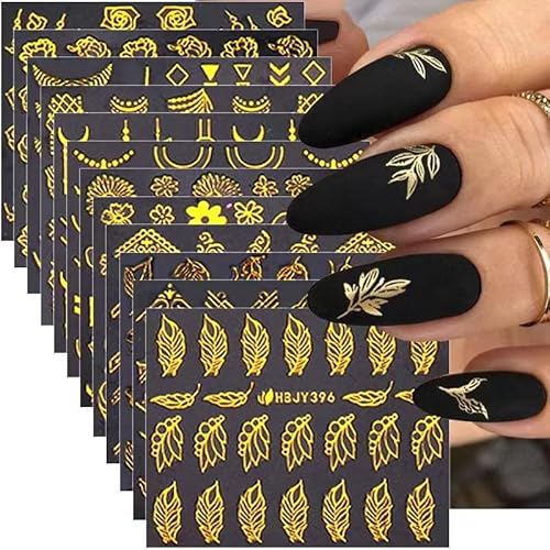 Gold Flowers Nail Stickers Decals,3D Gold Metal French Line Nail Supplies Golden Lace Leaf Flower Line Acrylic Nail Designs Diy Manicure Decoration For Women Girls #TOP1
