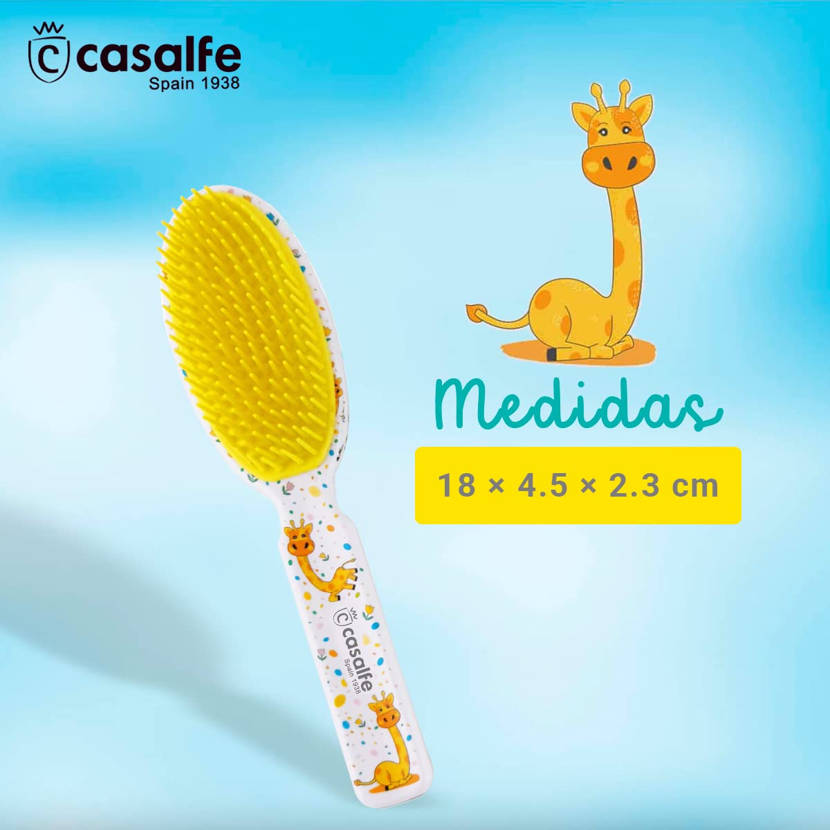 Brosse à cheveux pour bébé de 9 à 17 mois - Avec pointes souples et souples - Idéal pour nettoyer la côte lactée sans douleur ni inconfort - Sans BPA - Avec dessin de girafes - Ecofriendly - Casalfe