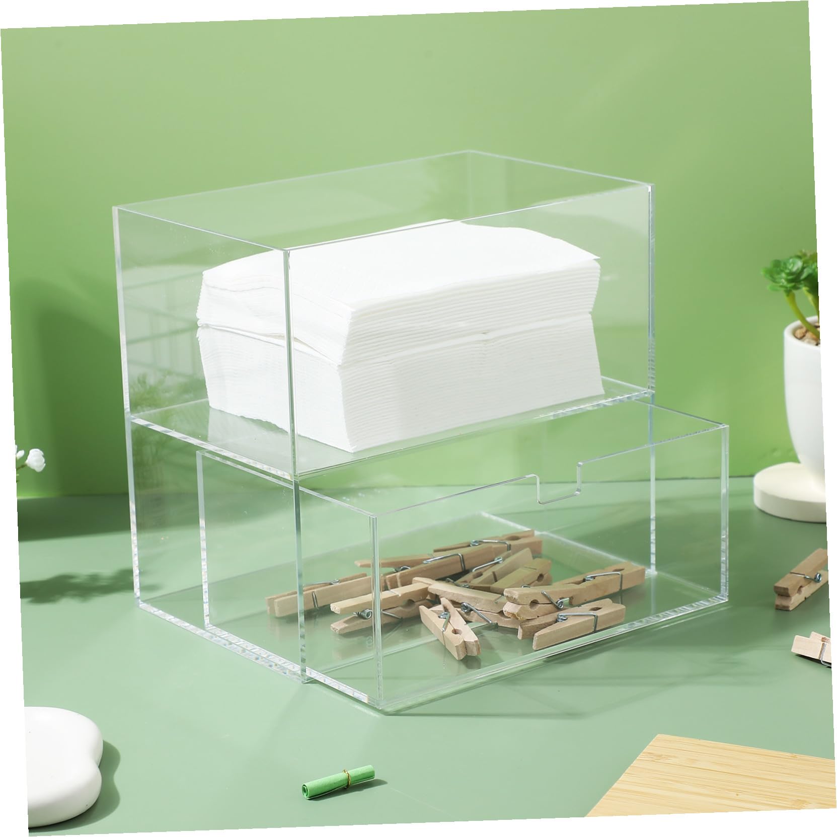 Artibetter Aufbewahrungsbox Organisierte Wäscheaufbewahrung aus Acryl für Waschmittelkapseln Doppellagig mit Bambusdeckel mit Zwei Fächern für Waschküche