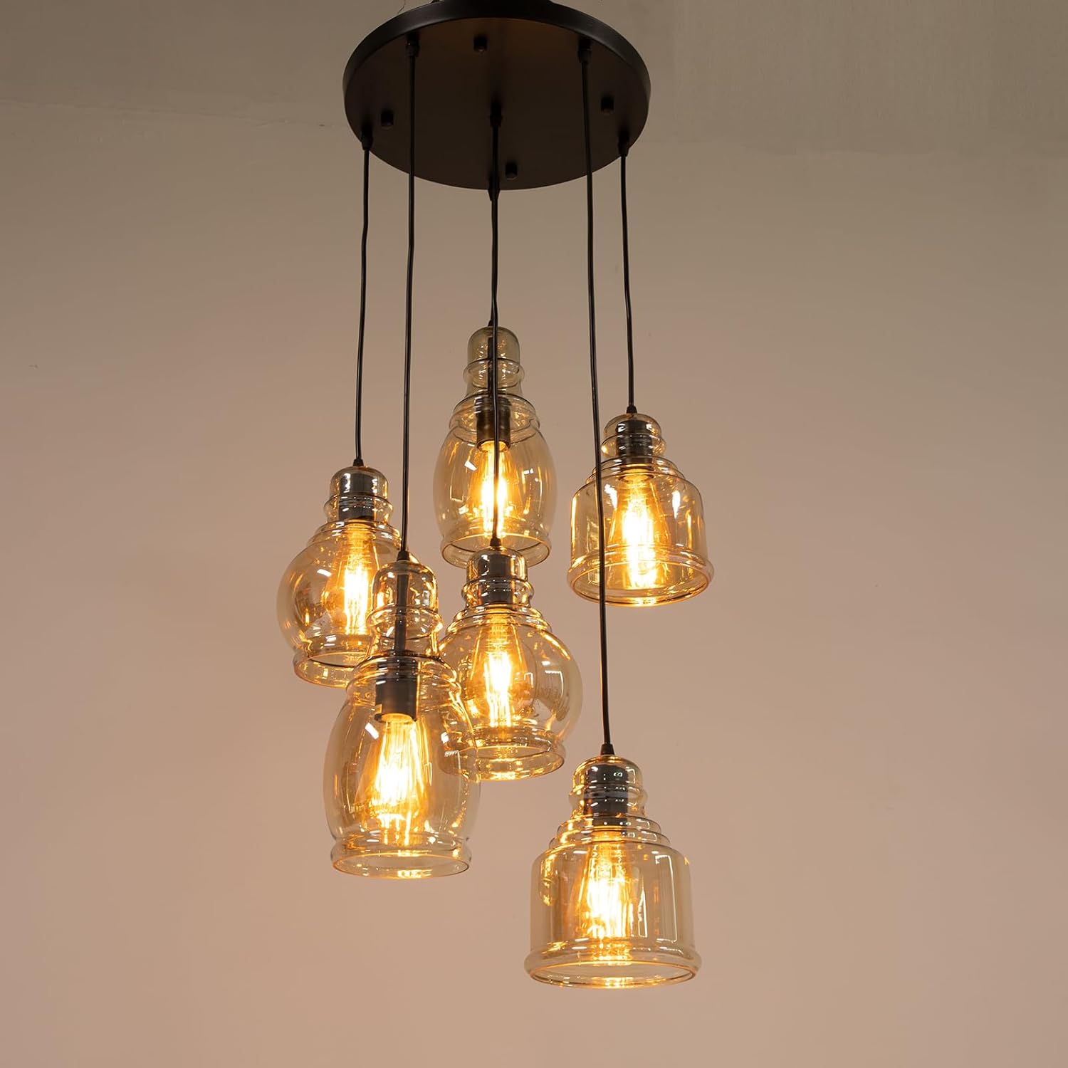 Glass Pendant Chandelier for Dining Room, Hanging Modern Cluster Globe Pendant Lighting, 6 Lights Barn Ceiling Kitchen Island Light Matte Black Gold Finish for Foyer,Hallway, Bedroom