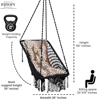 Patiofy Swing/Jhula for Balcony/Swing for Adults/Swing Chair for Home Premium Rectangle Swing Chair with Golden Floral L Cushion & Free Hanging Kit Included-Black, Polyester, 66D x 91W x 152H Cm