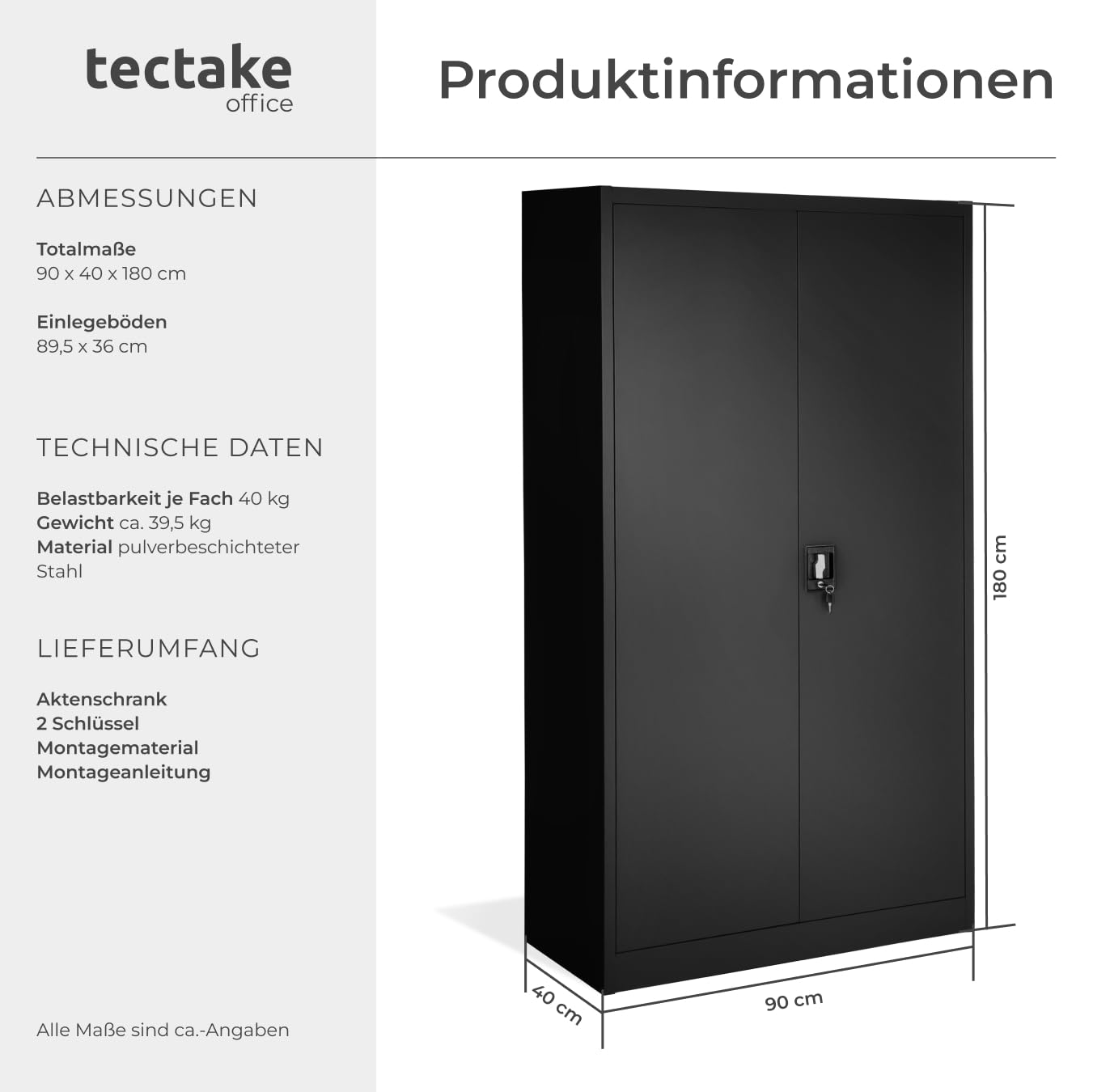 tectake® Aktenschrank, 180 x 90 x 40 cm, Büroschrank abschließbar, Mehrzweckschrank aus Stahl, Allzweckschrank, mit 2 Türen, Ink. 5 höhenverstellbare Einlegeböden, Aktenschrank abschließbar - schwarz