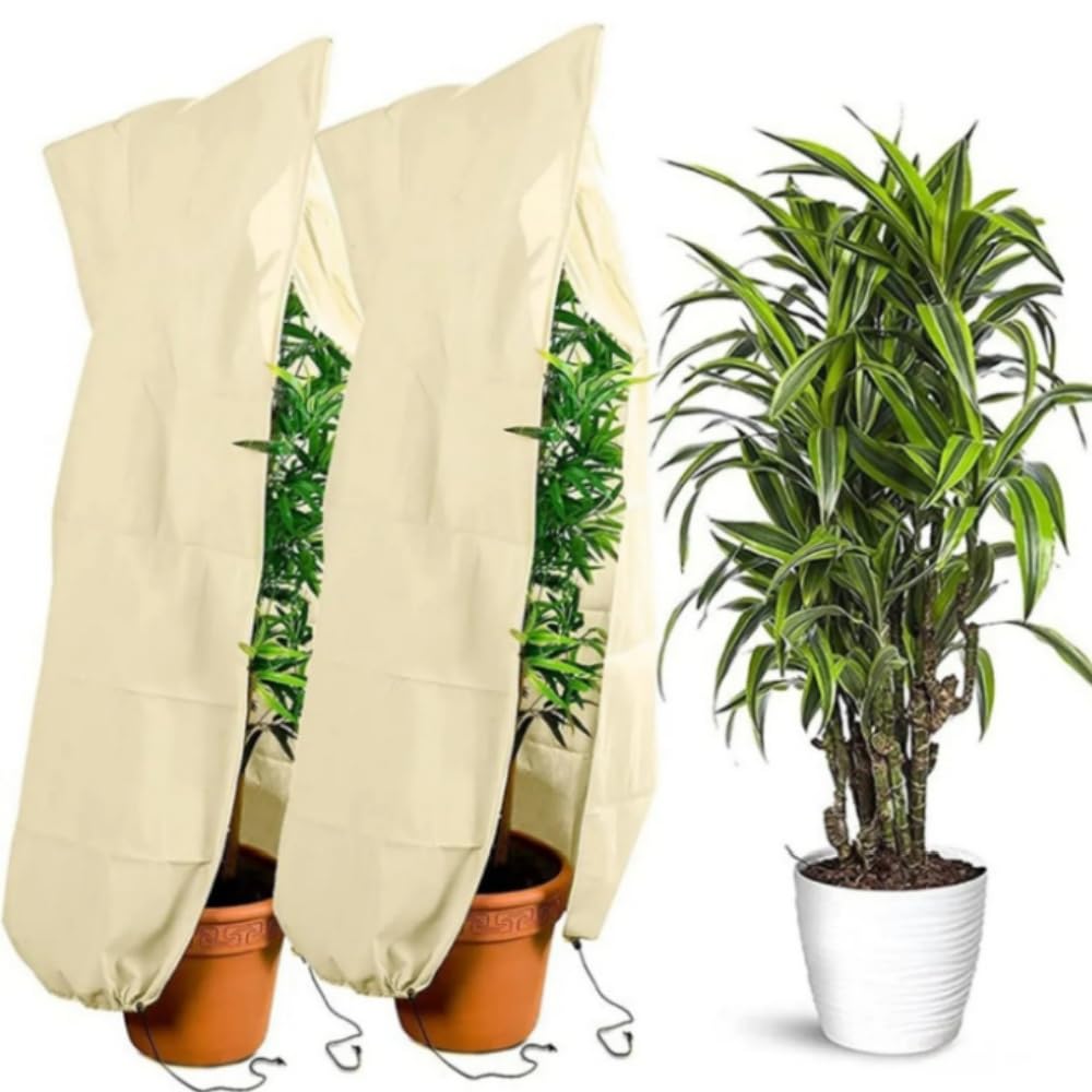 2 Packs Plant Covers Freeze Protection- Winter Plant Drawstring Zipper Antifreeze Cover, Non-Woven Fabric Warm and Cold Proof Cover for Outdoor Plants