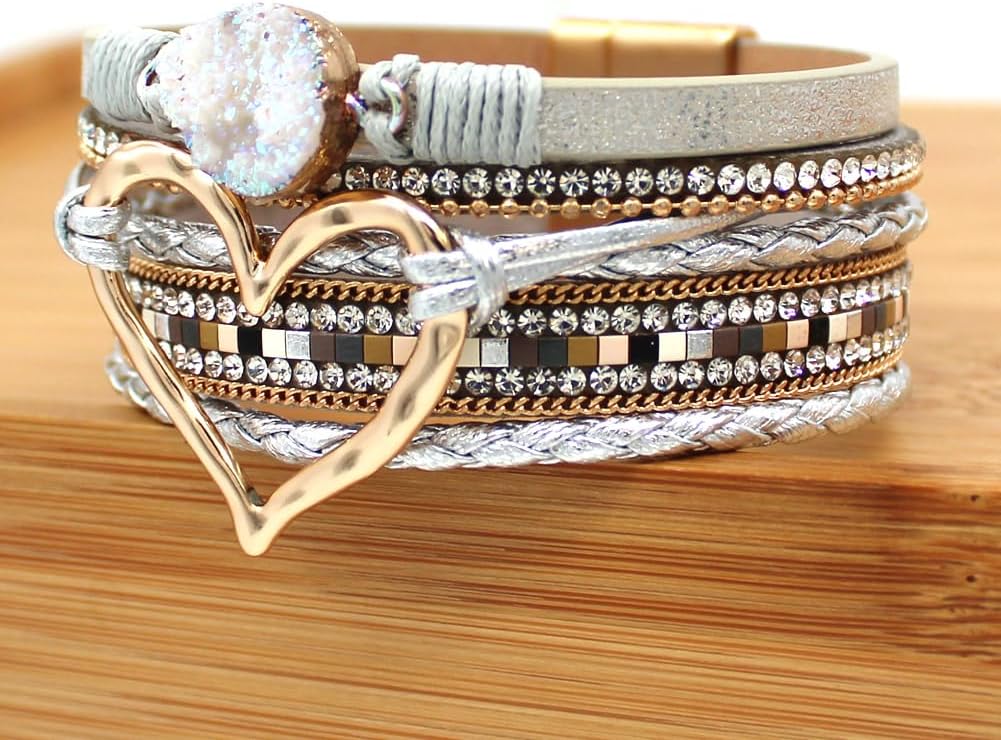 P Ammy Fashion® Women's Multi-layer Love Heart Leather Wrap Bracelets Stackable Boho Bangles Bohemian Cuff with Magnetic Clasp Jewelry Gift - Image 5