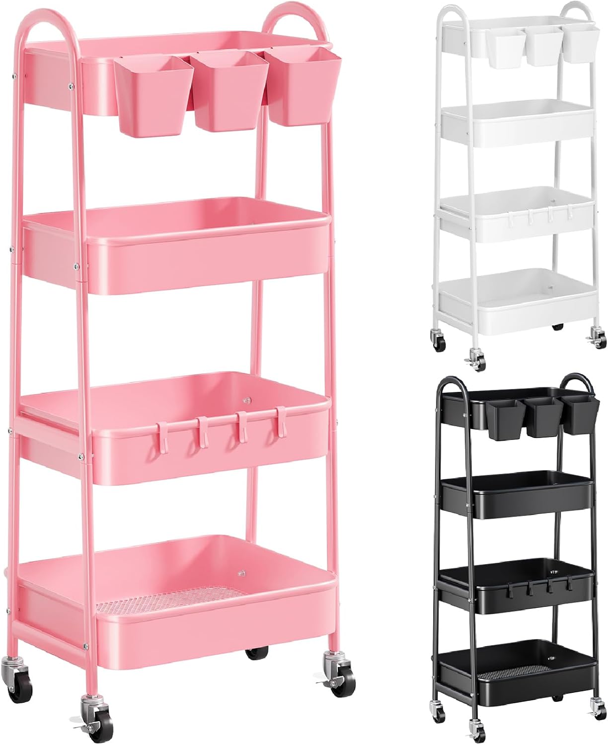 4 Tier Rolling Cart Metal with Lockable Wheels, Four Tiered Pink Trolley Cart on Wheels, Utility Storage Organizer Carts for Bathroom, Kitchen, Art, Craft, Baby Diaper Caddy, Snack, Makeup, Nail, Lash