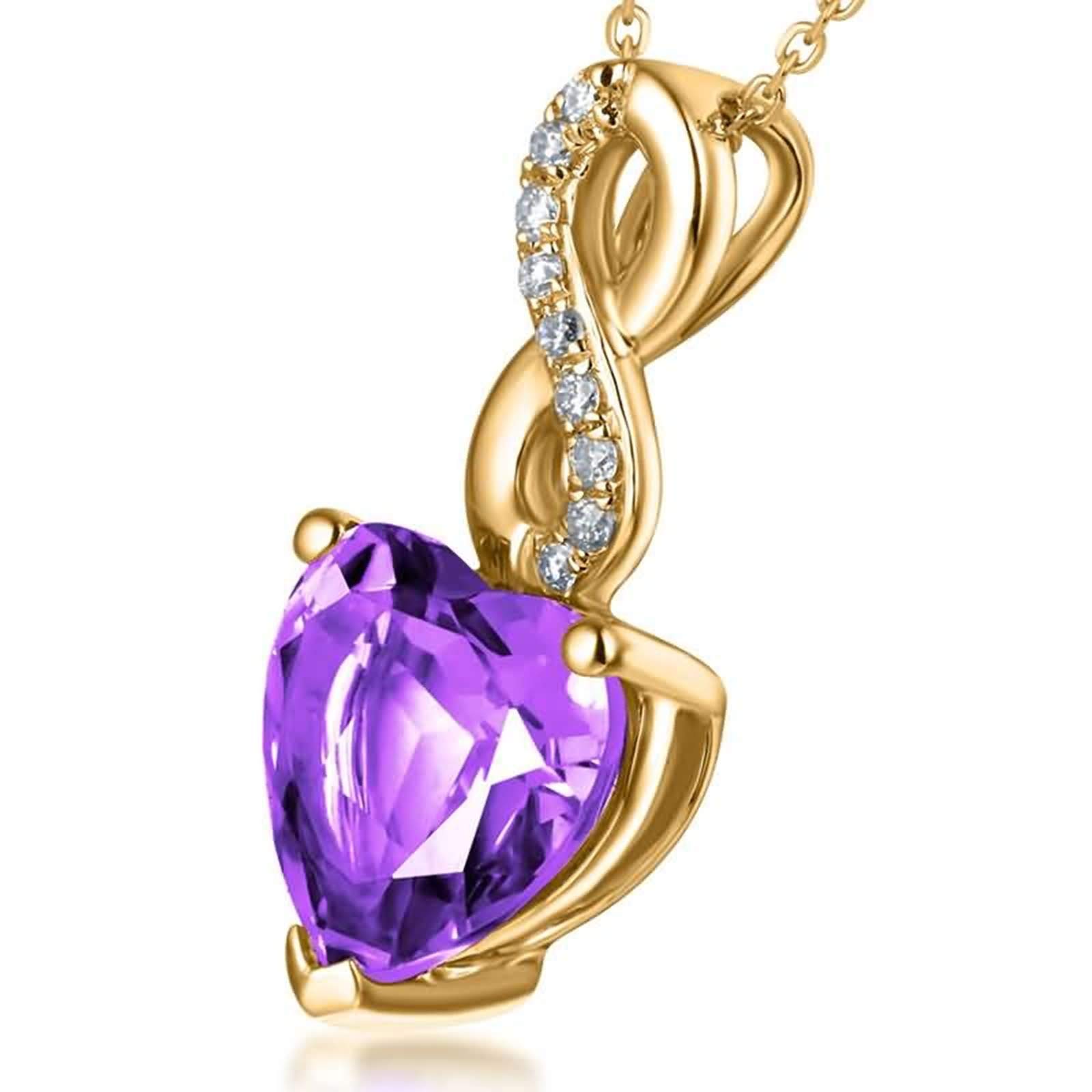 Collares para mujer de oro de 18 quilates, collar de oro amarillo real para mujer, amatista en forma de corazón y diamante creado en laboratorio, colgante de 1,68 quilates