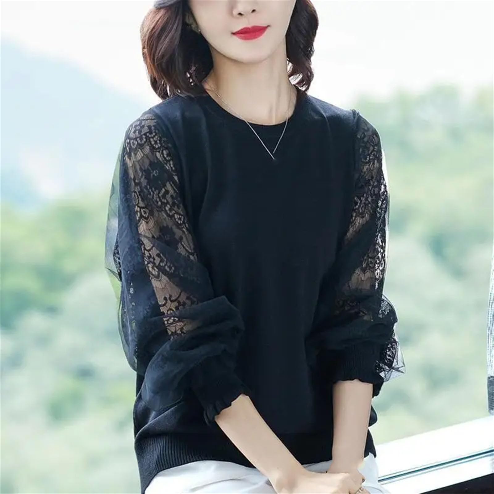 Camicia da donna lavorata a maglia, a maniche lunghe, in pizzo sottile