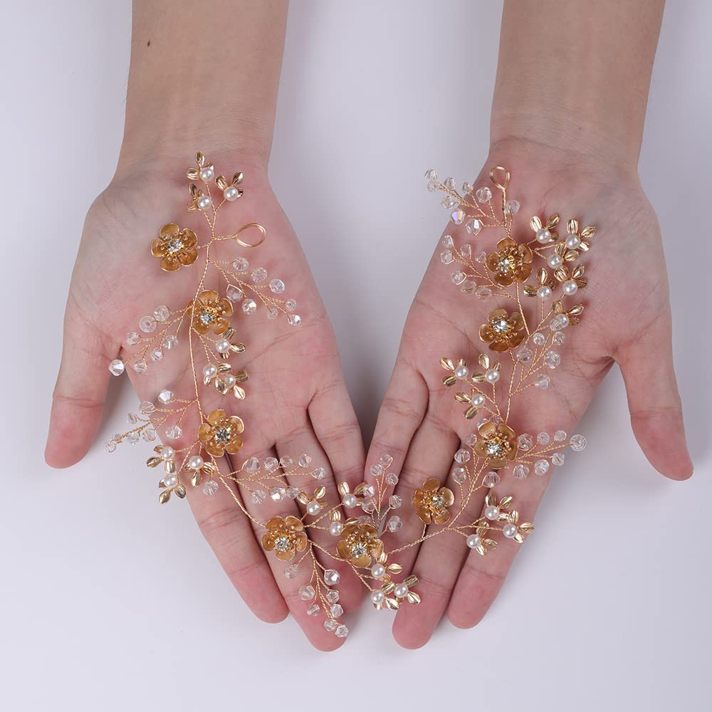 Chargances Bridal Flower Pearl Hair Vine Wedding Gold Crystal Beaded Headband Boho Leaf Handmade Hair Accessories for Women and Girls Brides - Image 4