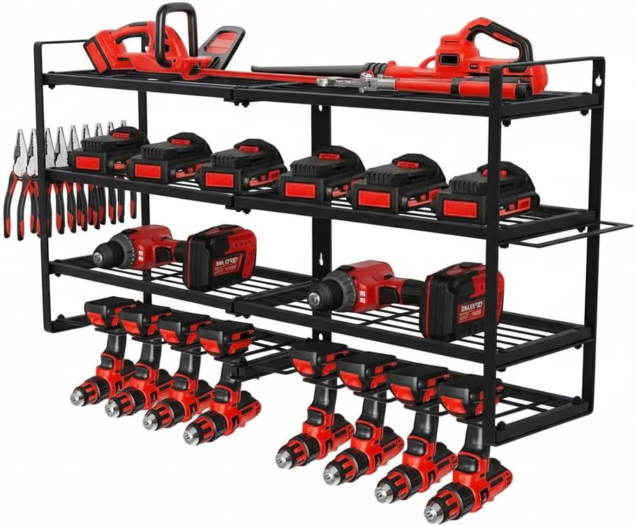 PrecisionAuto Wall Mount Tool Organizer, 4-Tier Heavy Duty Metal Storage Shelves with 8 Drill Holders, Garage Storage Rack for Power Tools, Workshop & Garage Shelving, Black