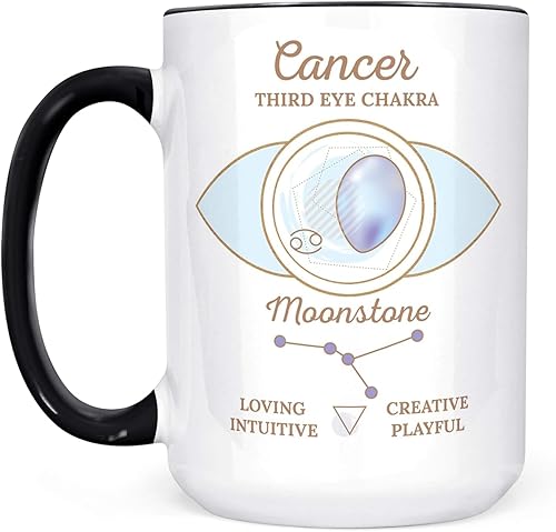 Taza de café con signo del zodiaco con rasgos del cáncer, cristal de piedra lunar, taza de cerámica personalizada con horóscopo del tercer ojo, apta