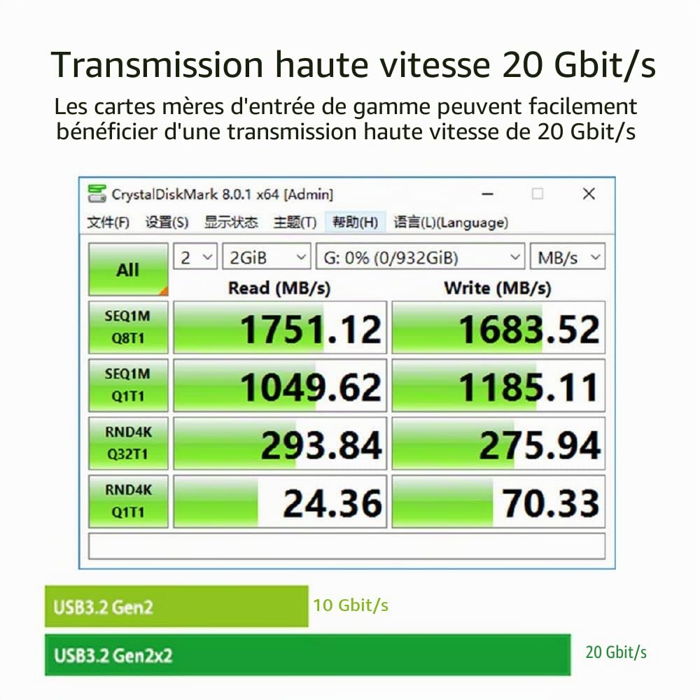 Xiwai Adaptateur USB 3.2 Gen2 Type-C USB-C vers PCI-E 4X Express pour carte mère de bureau 20 Gbit/s