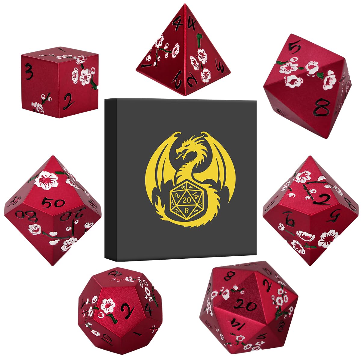 Metal Dice Set, Flat Face Red Plum Blossom Pattern, 7pcs Polyhedral Metal DND Dice Set, DND Starter Set, D&D Gifts with Gift Box, Role Playing Board Games Accessories, Red