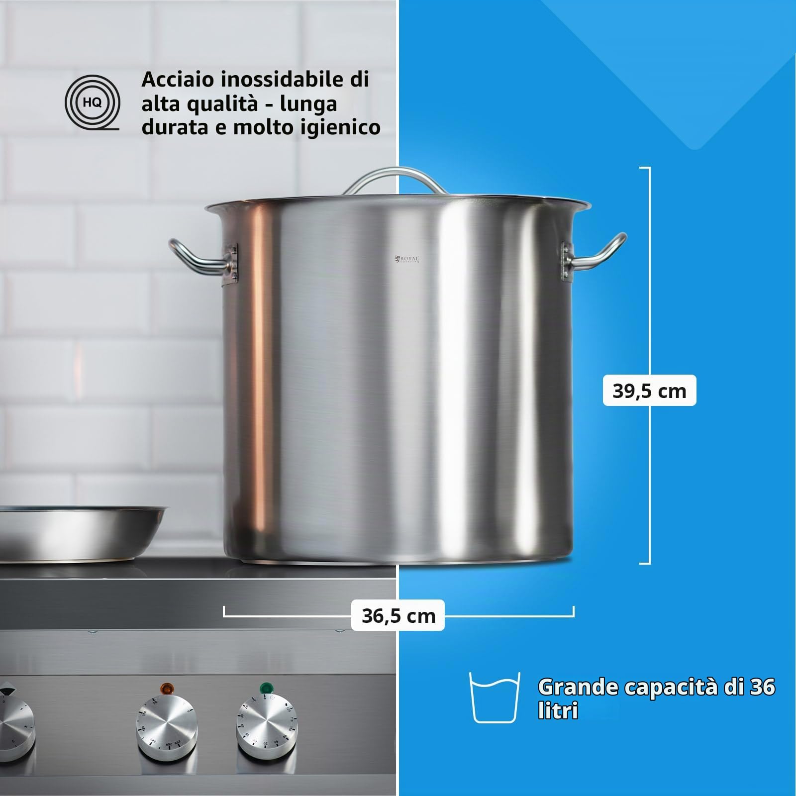Royal Catering Pentola Per Induzione Pentola Acciaio Inox 36LI4.1 (Acciaio Inox, 36 L, Fondo 4.6 mm)