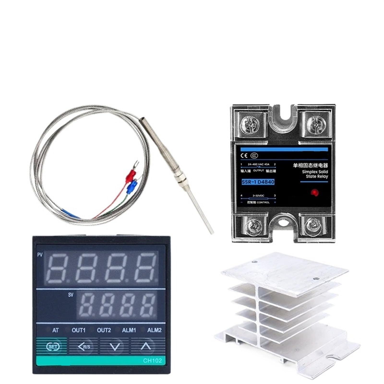 Controlador de temperatura PID CH102 termostato digital para sensor de sonda termopar tipo K de 220 V + 1 m M8 + relé SSR 40DA + disipador de calor (color: 1 juego con base)