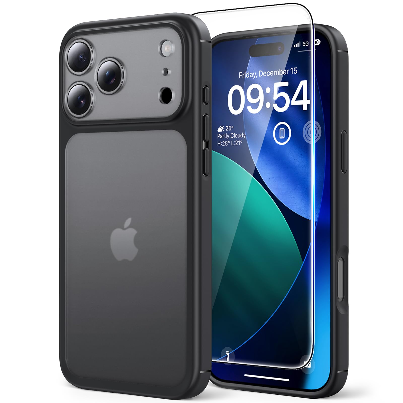 TAURI Cover per iPhone 17 Pro Max con Pellicola in Vetro Temperato,Protezione Completa della Fotocamera,Custodia Traslucida Opaca - Nero Opaco