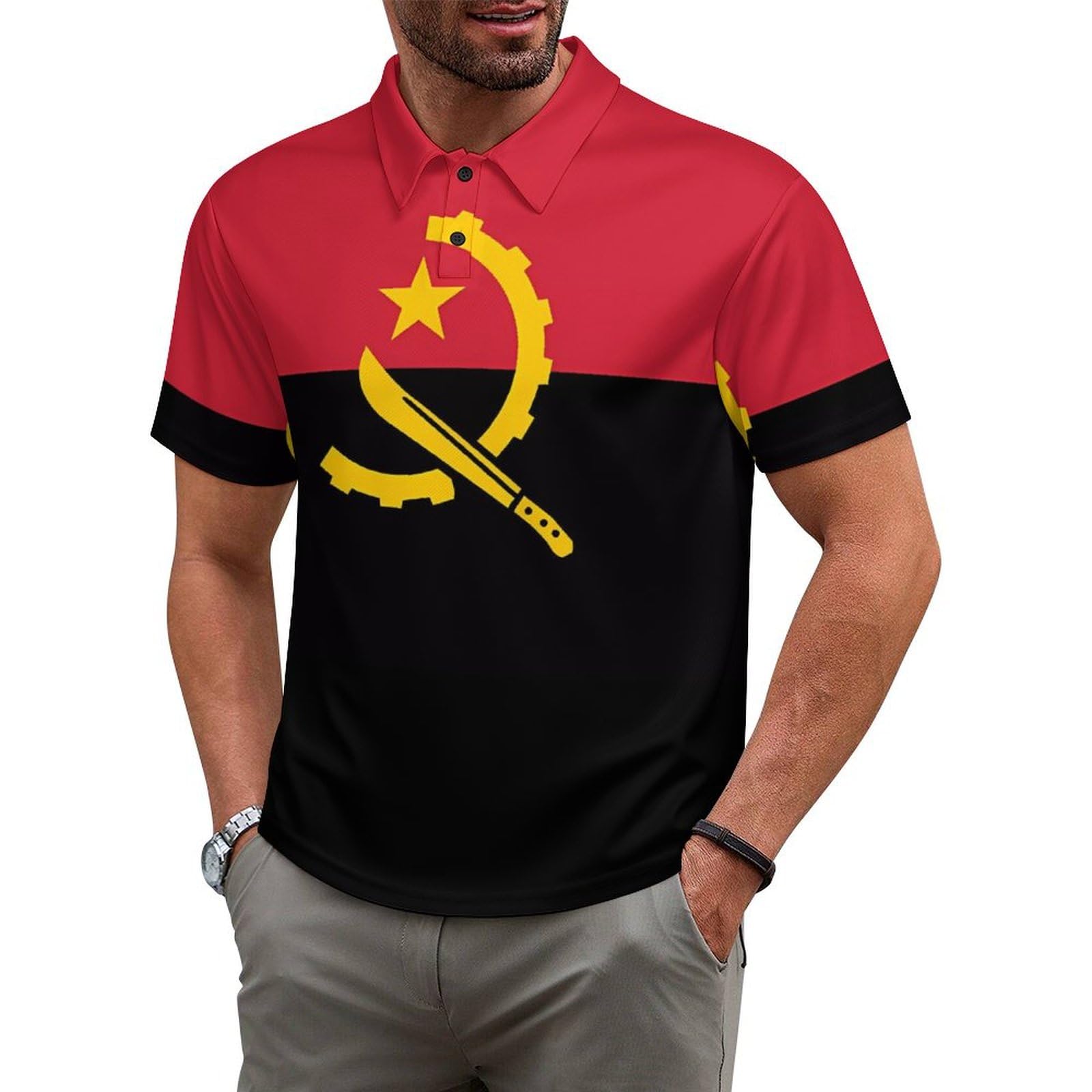 Djngn Men's Angola Angolan Flag Polo Shirt Buttoned Tracksuit Golf Tennis Short Sleeve