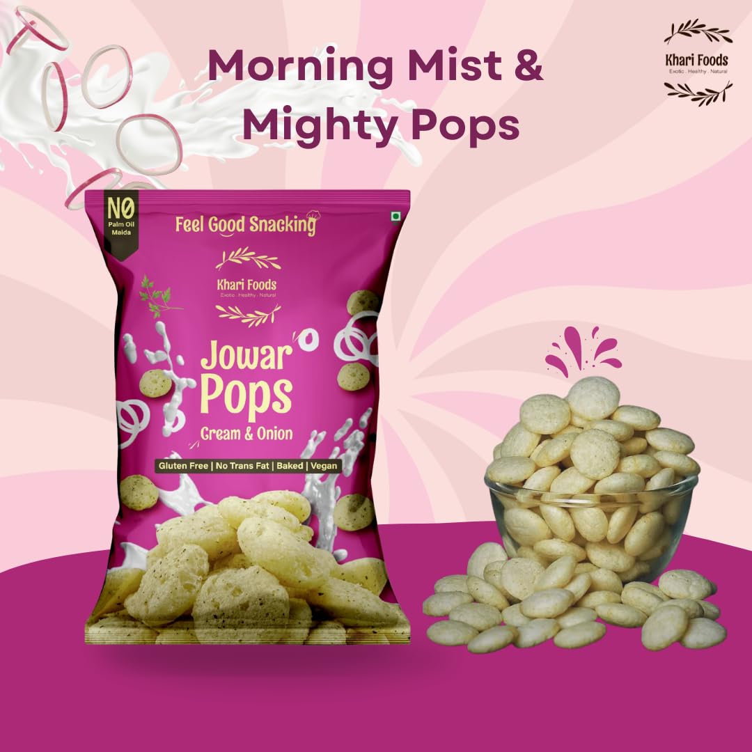 Khari Foods Jowar Pops, Cream Onion Flavoured, No Palm Oil, No Maida, Millet Goodness, Fibre Rich, Zero Cholestrol, Baked Gluten Free Vegan Snacks for Kids, Adults (50g x 4) 1