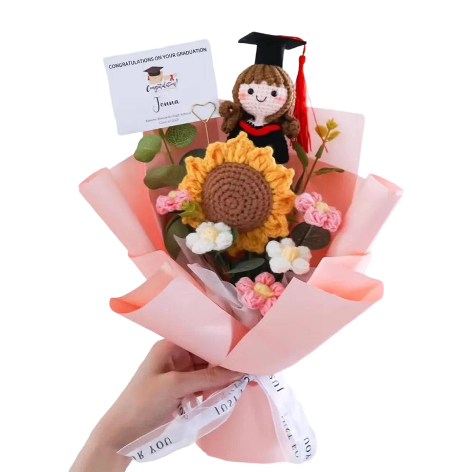 ZEPFJHE Unique Cotton Crochet Graduation Bouquet with Lovely Doll Perfect Hand-woven Flower Birthday Gift Doll Gift