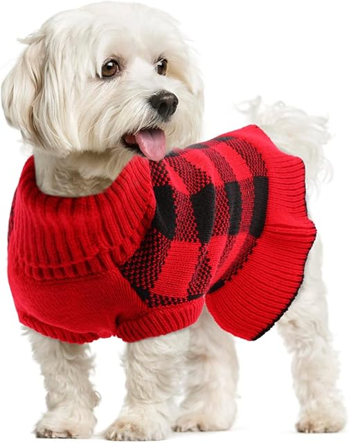 Lelepet Dog Jumper Christmas Dress Knitted Turtleneck Warm Dog Pullover Sweater Outfits Winter Knitwear Classic Plaid Striped Pet Clothes for Small Medium Dogs Puppy Holiday New Year Costume, Red, L