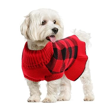 Dog Sweater Dress, Turtleneck Pullover Knitwear Warm Girl Dogs Coat for Fall Winter Cute Classic Plaid Pattern Princess Style Knit Clothes for Small Medium Female Dogs Puppy Pet Leash Hole(Pink,Red)