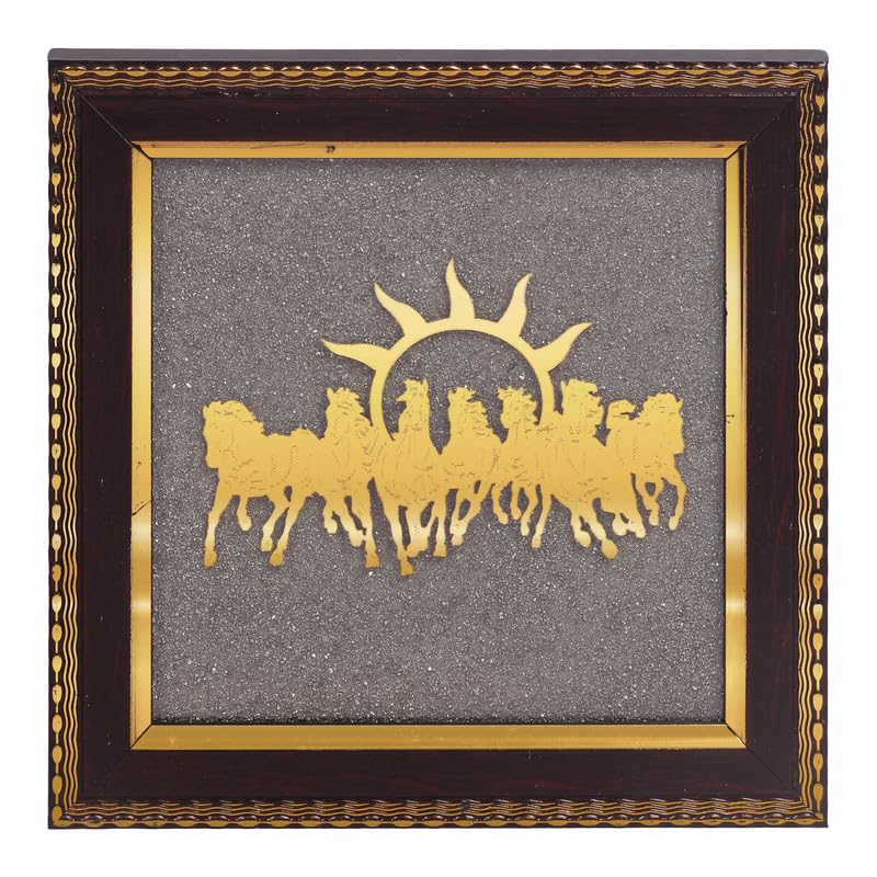 Image of 7 Running Horses Wall Frame with Rising Sun, Vastu Decor for Success, Power & Career Growth, Gold Wall Art