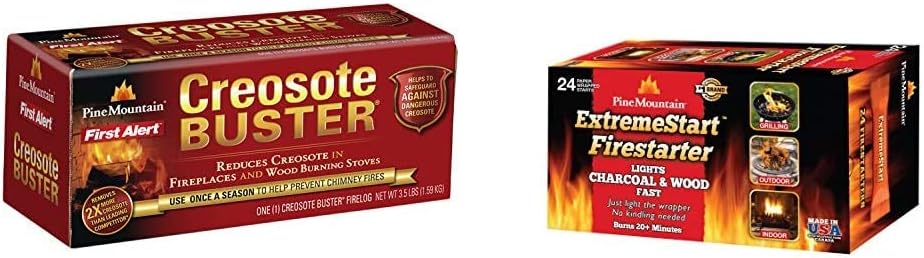 Pine Mountain 4152501500 First Alert Creosote Buster Chimney Cleaning Safety Fire log, Large, brown & Mountain ExtremeStart Wrapped Fire Starters, 24 Starts Firestarter Wood Fire Log