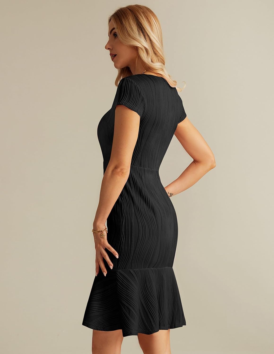 GRACE KARIN Womens Elegant Cap Sleeve Fishtail Tweed Cocktail Bodycon Dress - Image 2