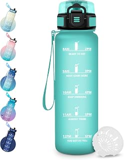 Trinkflasche 1L, Trinkflasche mit Filter, Sportflasche mit Zeitmarkierungen, Wasserflasche Kohlensäure Geeignet, für Outdoor, Büro, Camping, Yoga